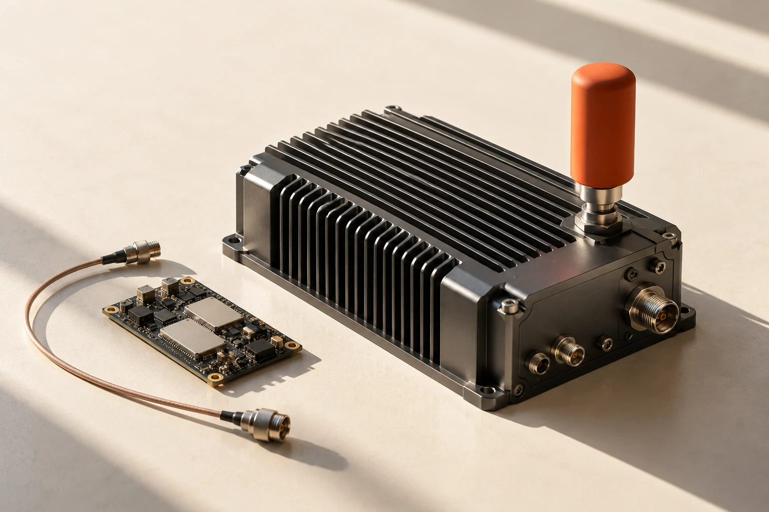 Generated concept illustration of an RF receiver with an orange antenna and exposed electronics on an ivory workbench.
